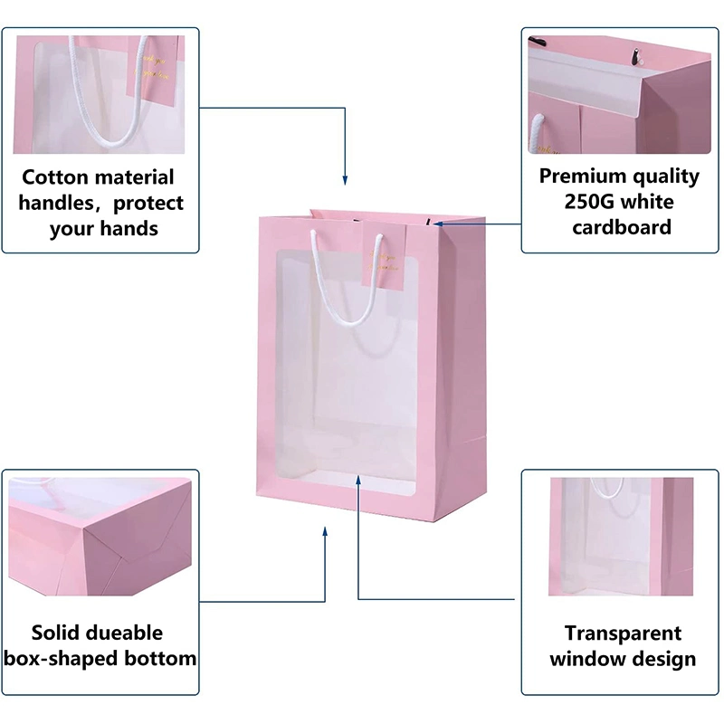 Custom Printed Premium Pink Packaging Gift Paper Bag with PVC Window Factory Cosmetic Paper Bag