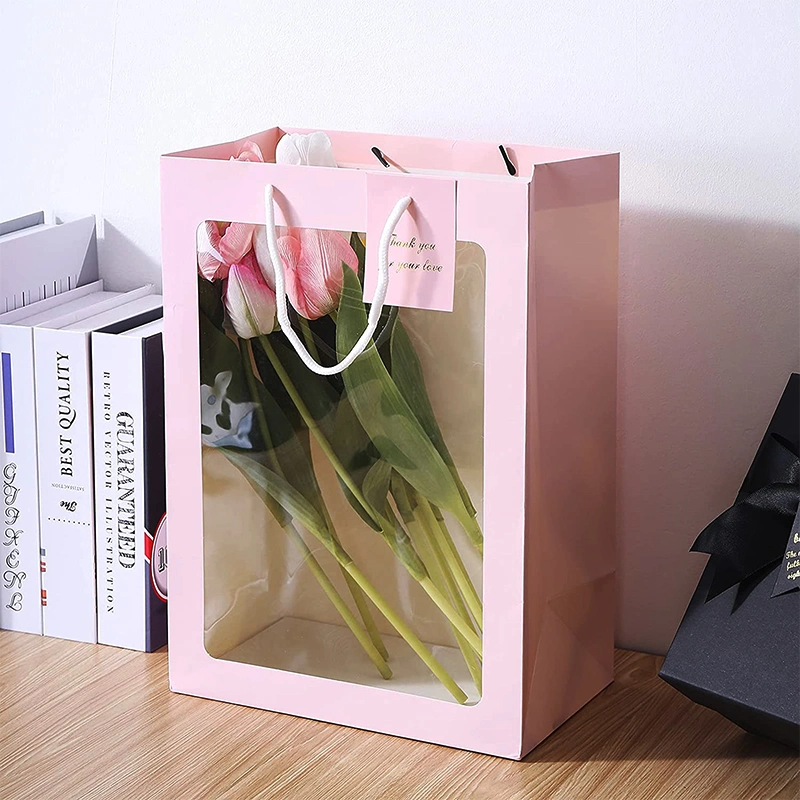 Custom Printed Premium Pink Packaging Gift Paper Bag with PVC Window Factory Cosmetic Paper Bag